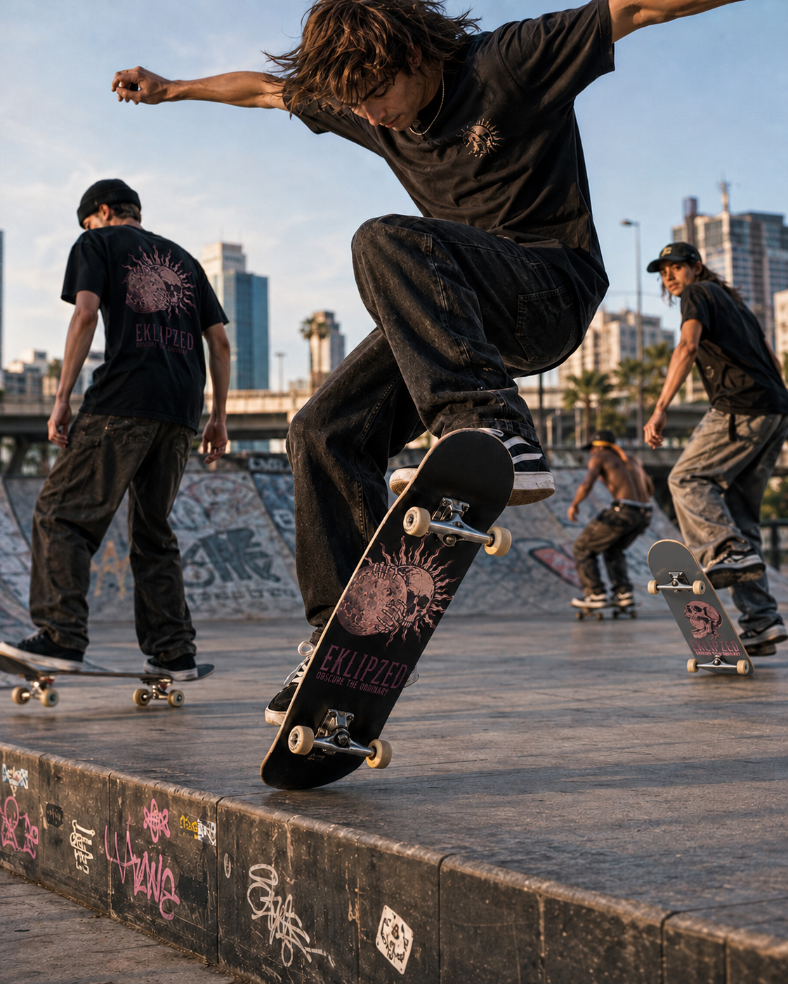 Skaters wearing EKLIPZED shirts and riding EKLIPZED boards at a city skatepark
